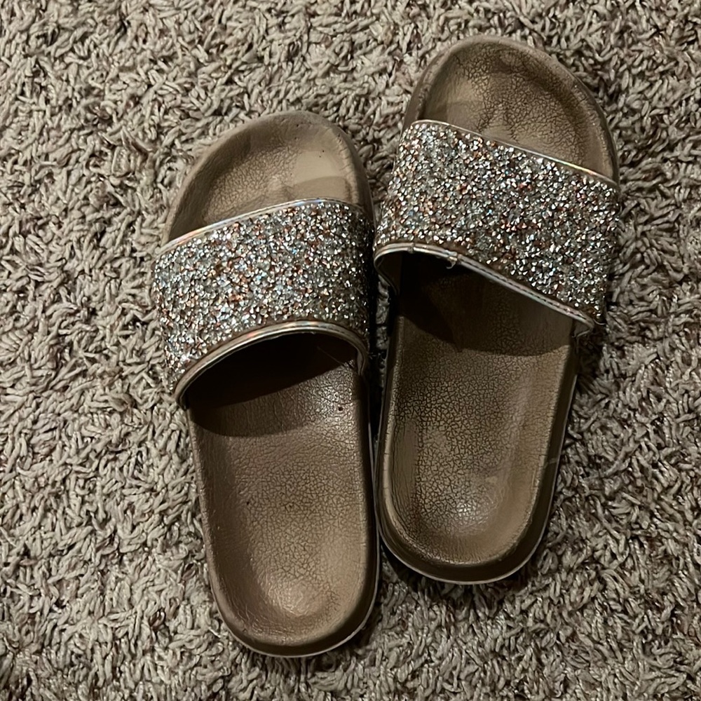 Justice gold slide ons  with gems  on top size 2